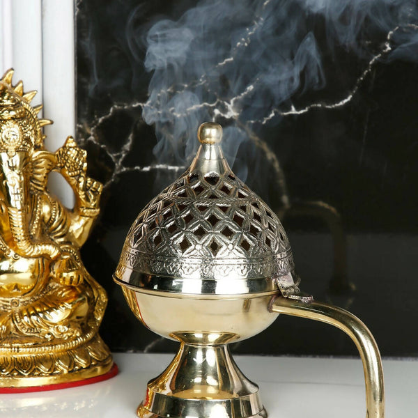 CraftVatika Gold-Toned Dhoop Dani Loban With Handle & Incense Stick Holder Showpiece - Distacart