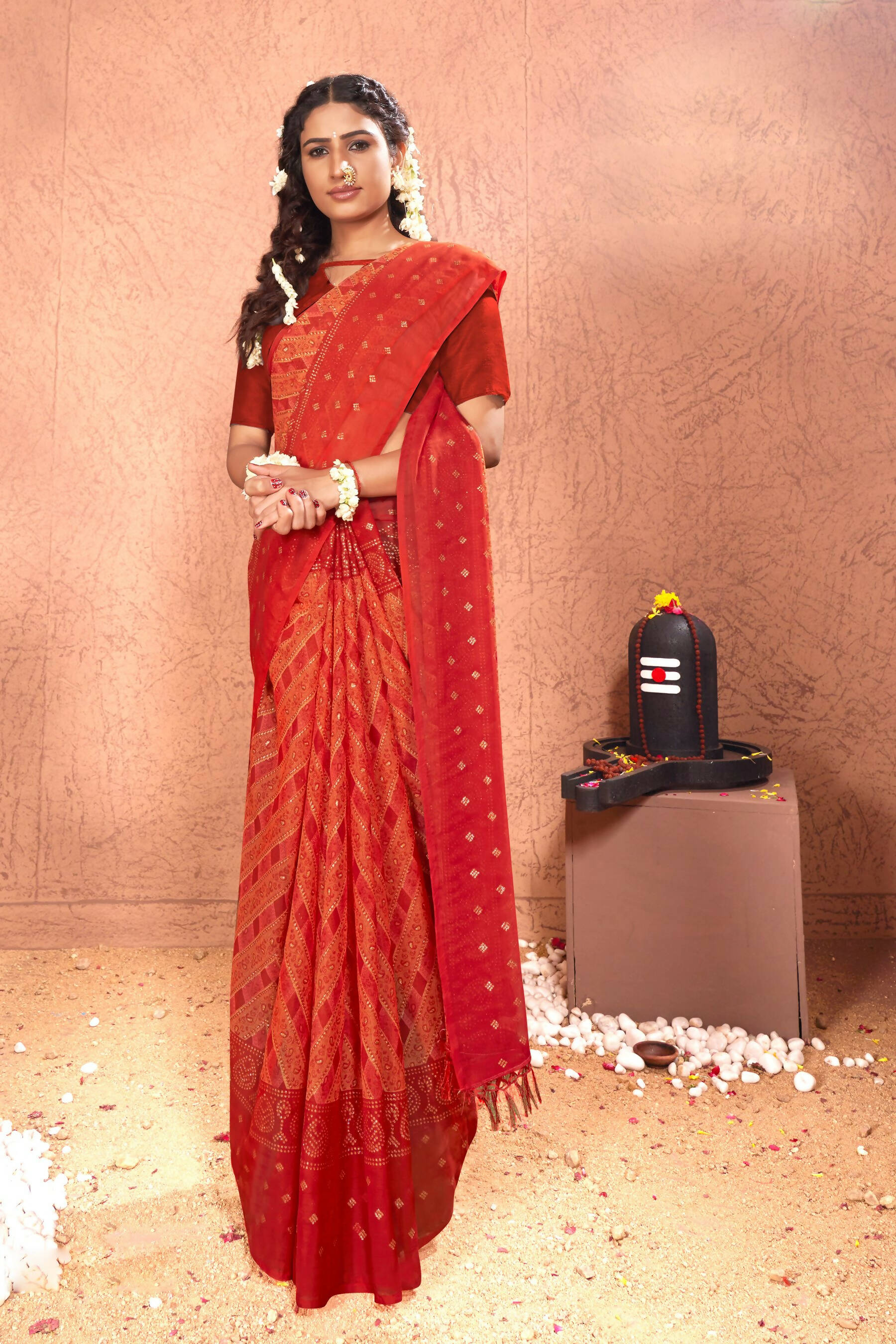 Red Chiffon Foil Printed Saree with Unstitched Blouse Piece - Rajal - Distacart