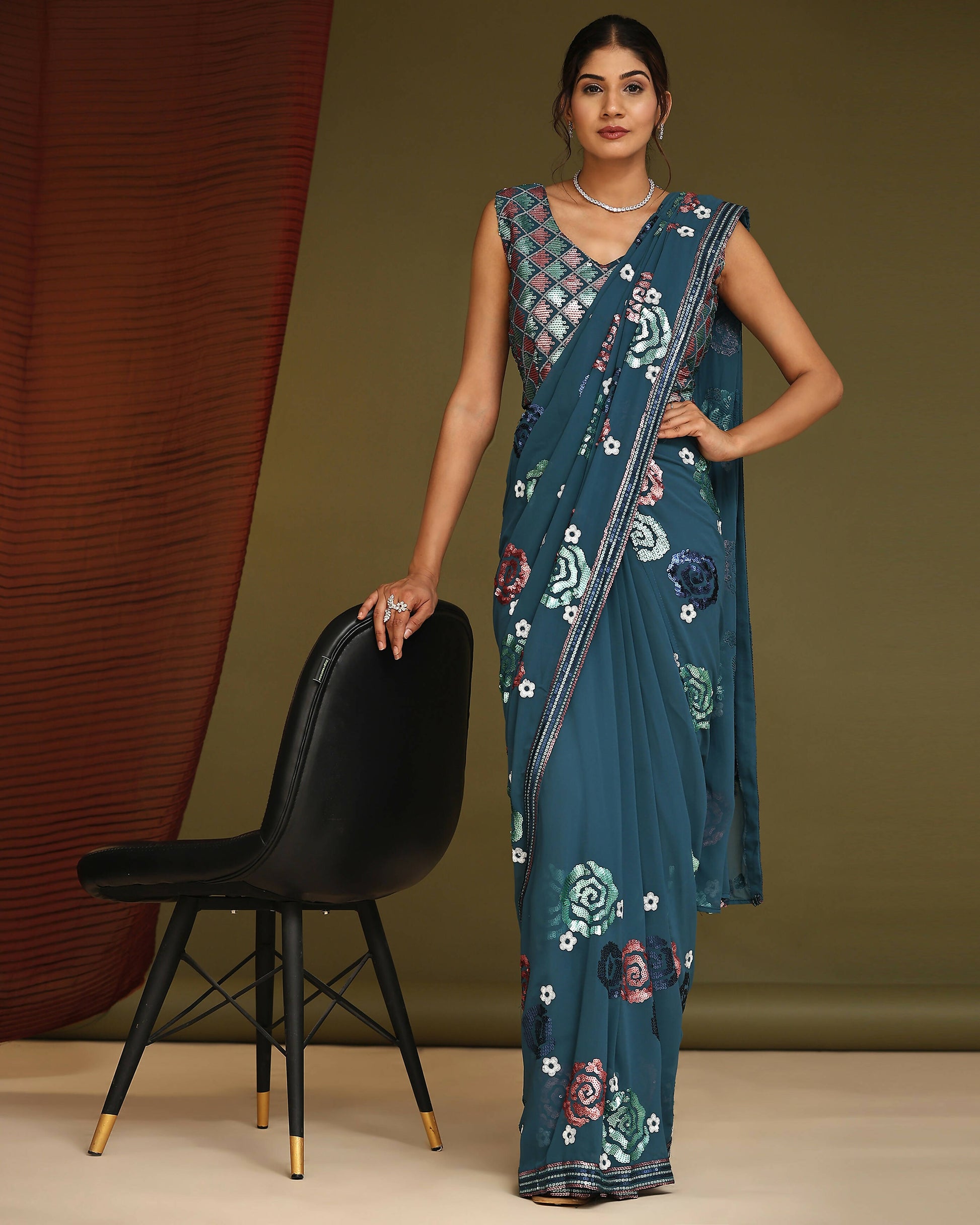 Blue Pure Georgette Sequence work Ready to wear Saree with stitched Blouse - Nirvana - Distacart