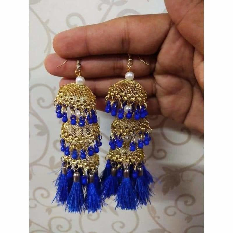 Gold Color Net Design Jhumkas With Blue Color Pearls And Silk Threads