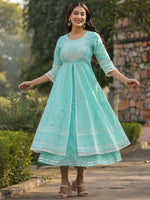 Thumbnail for Juniper Women's Aqua Cambric Floral Printed Double Layered Kalidar Dress - Distacart