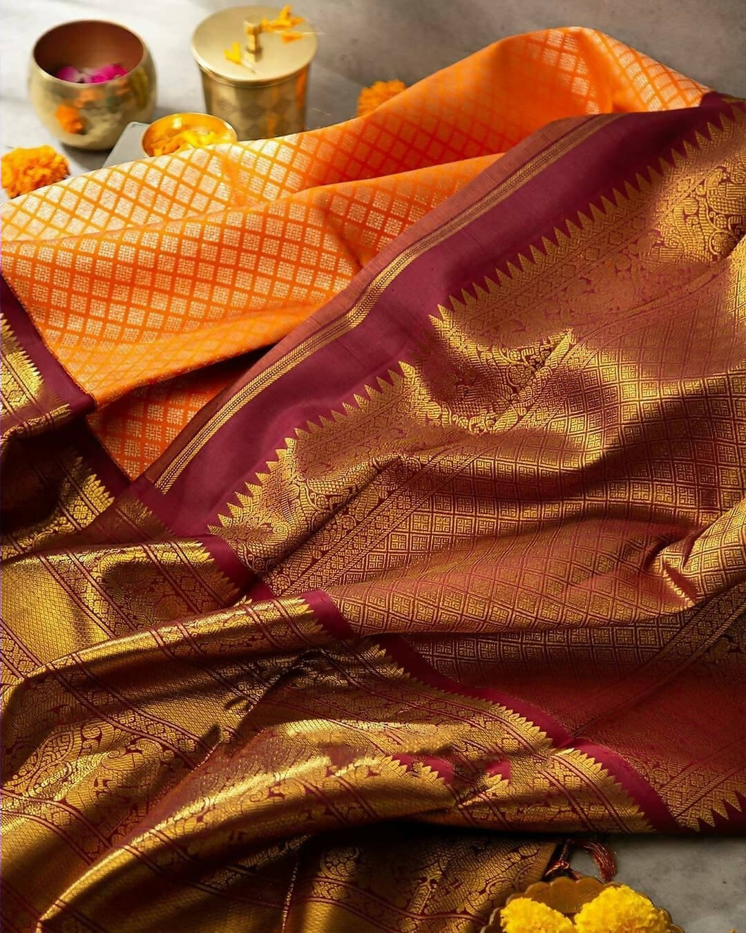 DEIANA'S Beautiful Golden Jari with New Design Soft Lichi Silk Saree - Orange - Distacart