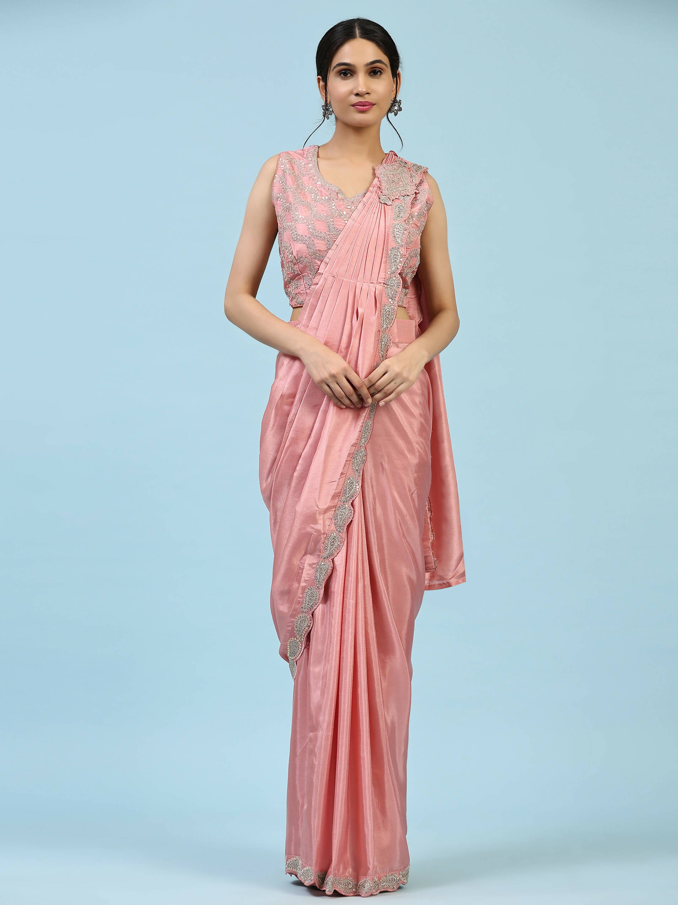 Peach Silk Satin Plain Ready to wear Saree with stitched Blouse - Vrinda - Distacart