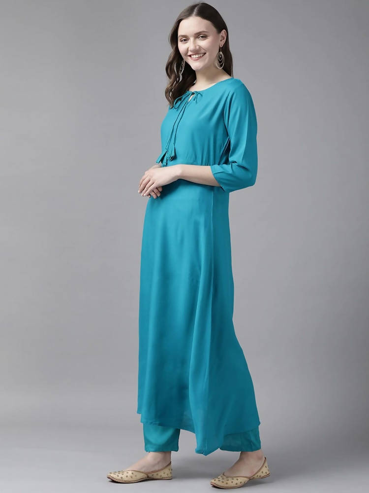 Yufta Women Teal Blue Solid Kurta with Trouser and Dupatta