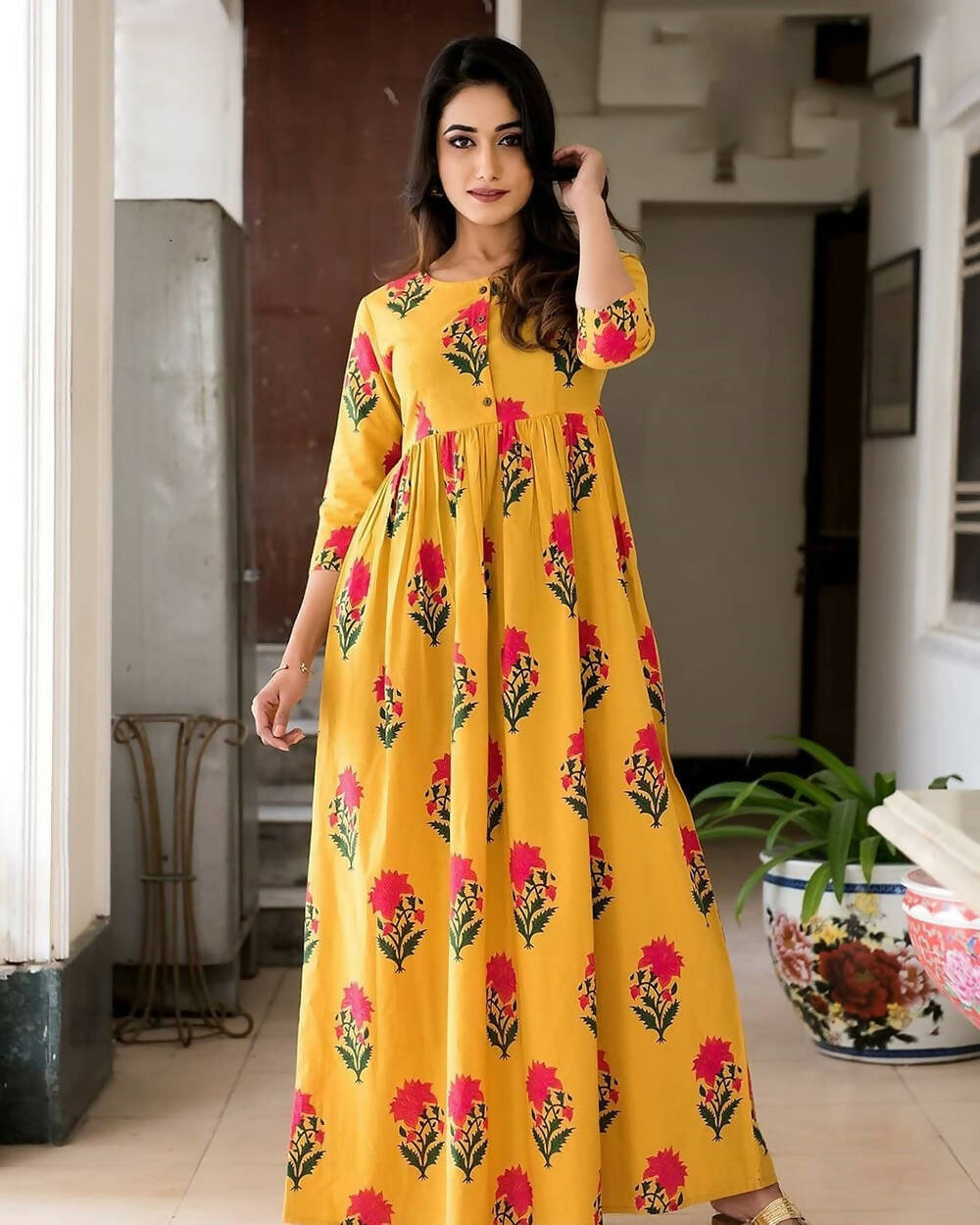 Partywear Designer Gold Yellow Pure Maslin Gown - Anbazaar - Distacart