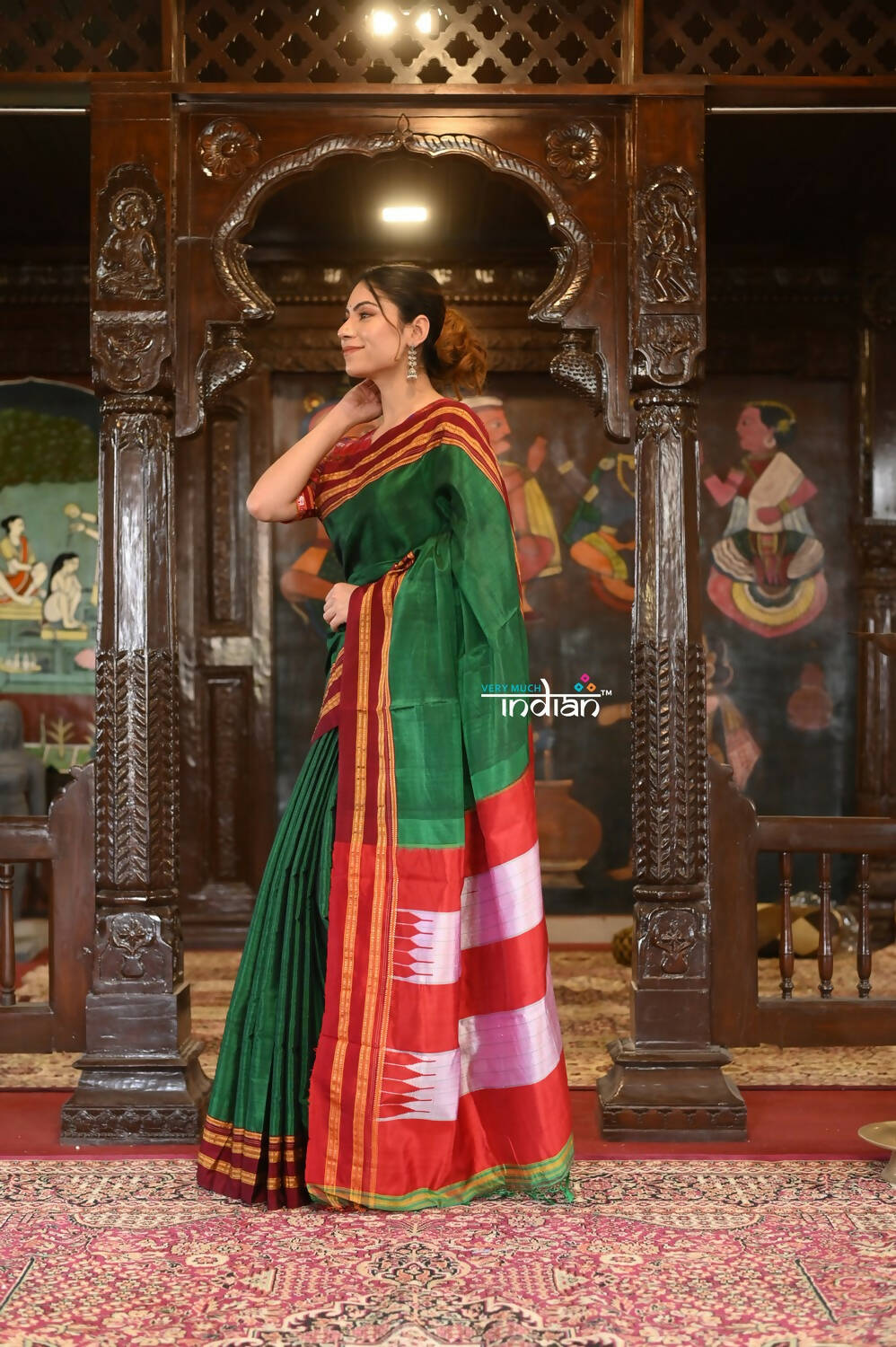 Very Much Indian Handloom Cotton Viscose Ilkal Saree Bright Green With Red Border - Distacart