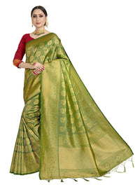 Thumbnail for Vardha Women's Olive Green Kanchipuram Raw Silk Saree With Unstitched Blouse Piece