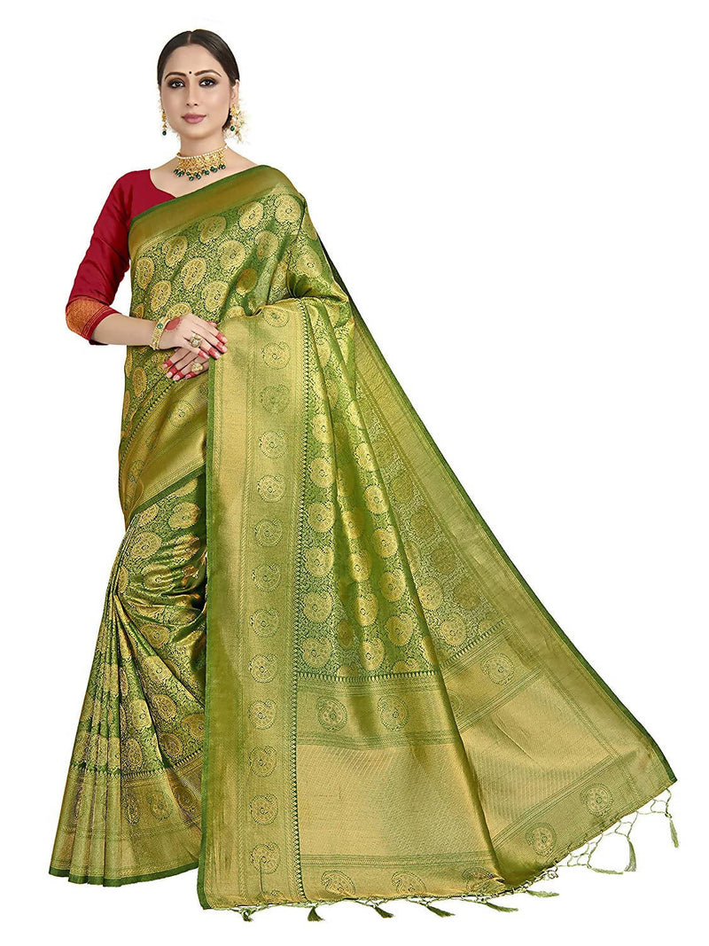Vardha Women&#39;s Olive Green Kanchipuram Raw Silk Saree With Unstitched Blouse Piece