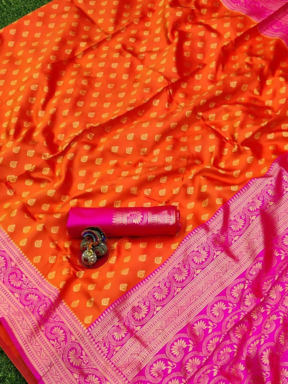 DEIANA'S Beautiful Golden Jari with New Design Soft Lichi Silk Saree - Orange - Distacart