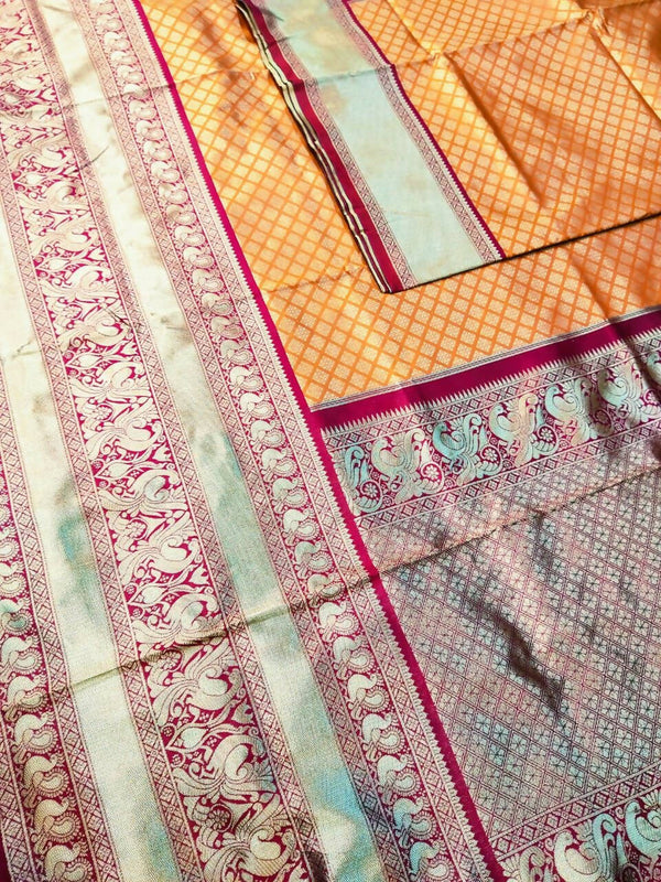 DEIANA'S Beautiful Golden Jari with New Design Soft Lichi Silk Saree - Orange - Distacart