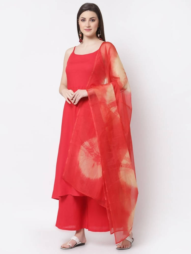 Myshka Red Color Rayon Solid Kurta With Palazzo Dupatta Set