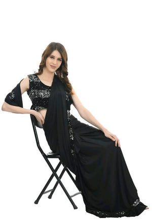 Mominos Fashion All Season Wear Black Ruffled Ready To Wear Saree - Distacart