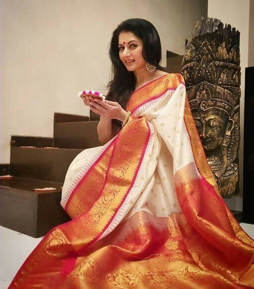 DEIANA'S Beautiful Golden Jari with New Design Soft Lichi Silk Saree - White - Distacart