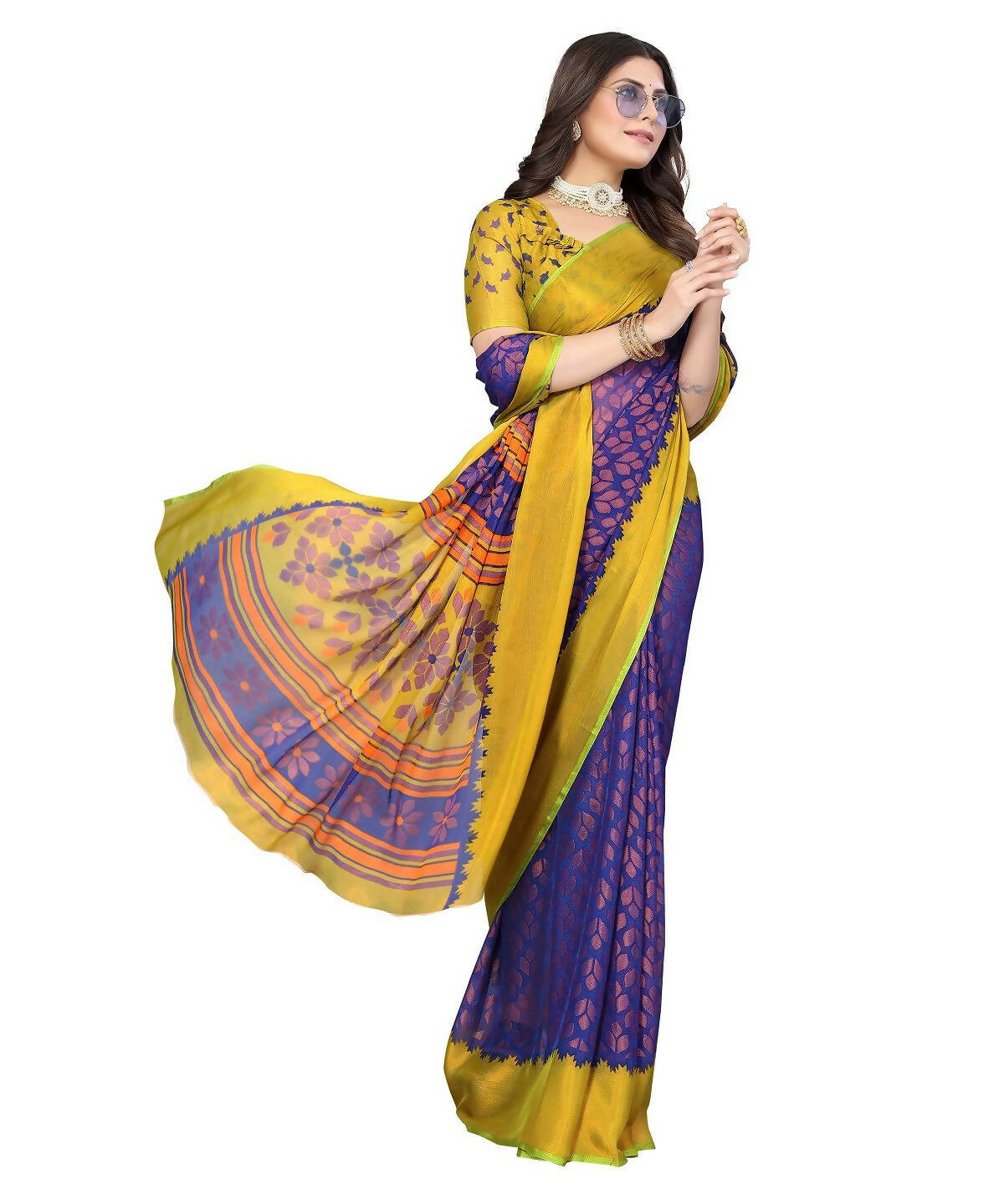 Vamika Blue Chiffon Brasso Bollywood Style Woven Saree (ALIZA BLUE) - Distacart