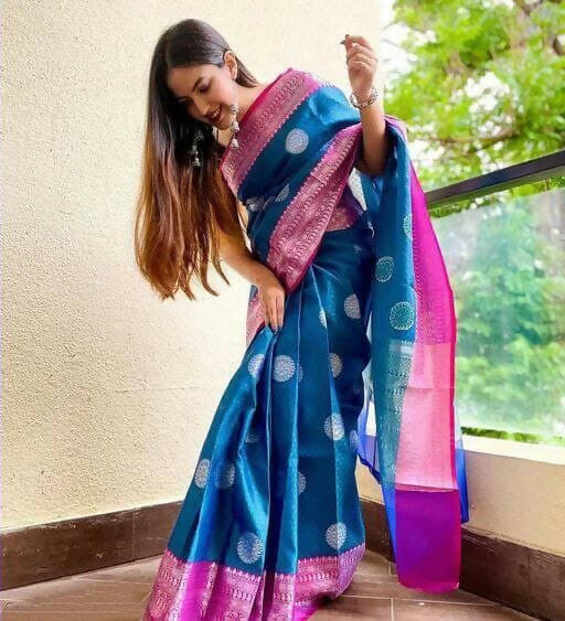 DEIANA'S Beautiful Golden Jari with New Design Soft Lichi Silk Saree - Blue - Distacart
