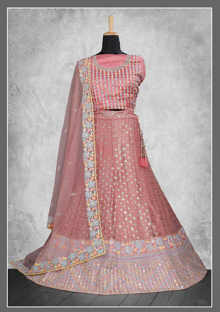 Pink Net Embroidery & Thread Work Bridal lahenga Choli with Dupatta - Nimaya Pavitra Rista - Distacart