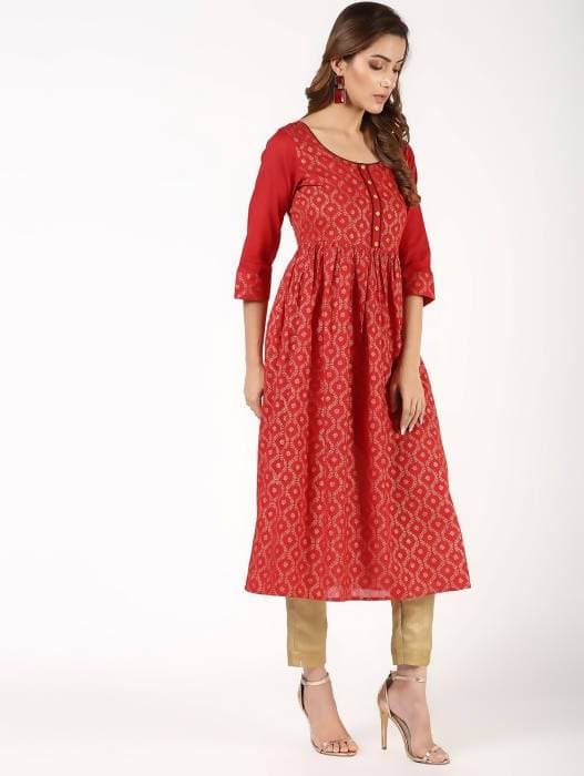 Aniyah Cotton Block Print Flared Kurta In Red (AN-151K)