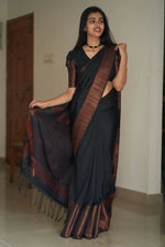 Thumbnail for DEIANA'S Beautiful Golden Jari with New Design Soft Lichi Silk Saree - Black - Distacart