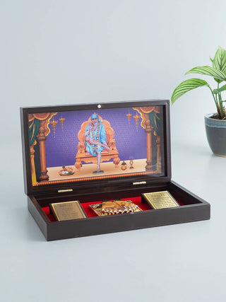 Golden Peacock Brown & Blue 24 CT Gold Foil Wooden Sri Sai Baba Pooja Box - Distacart