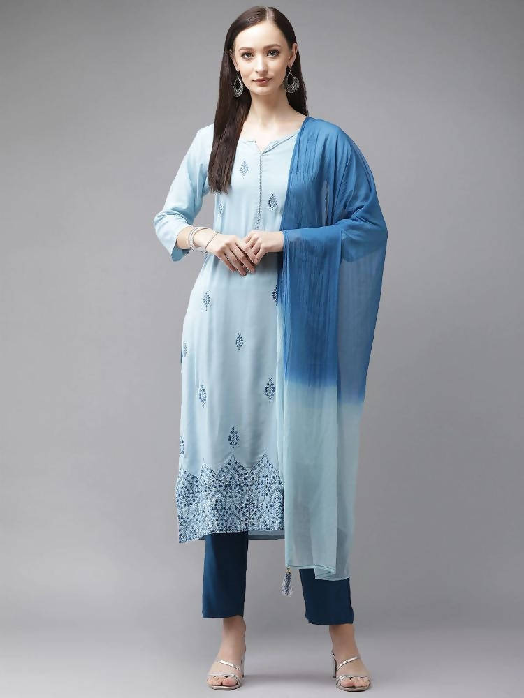Yufta Women Blue Embroidered Thread Work Kurta with Palazzo & With Dupatta