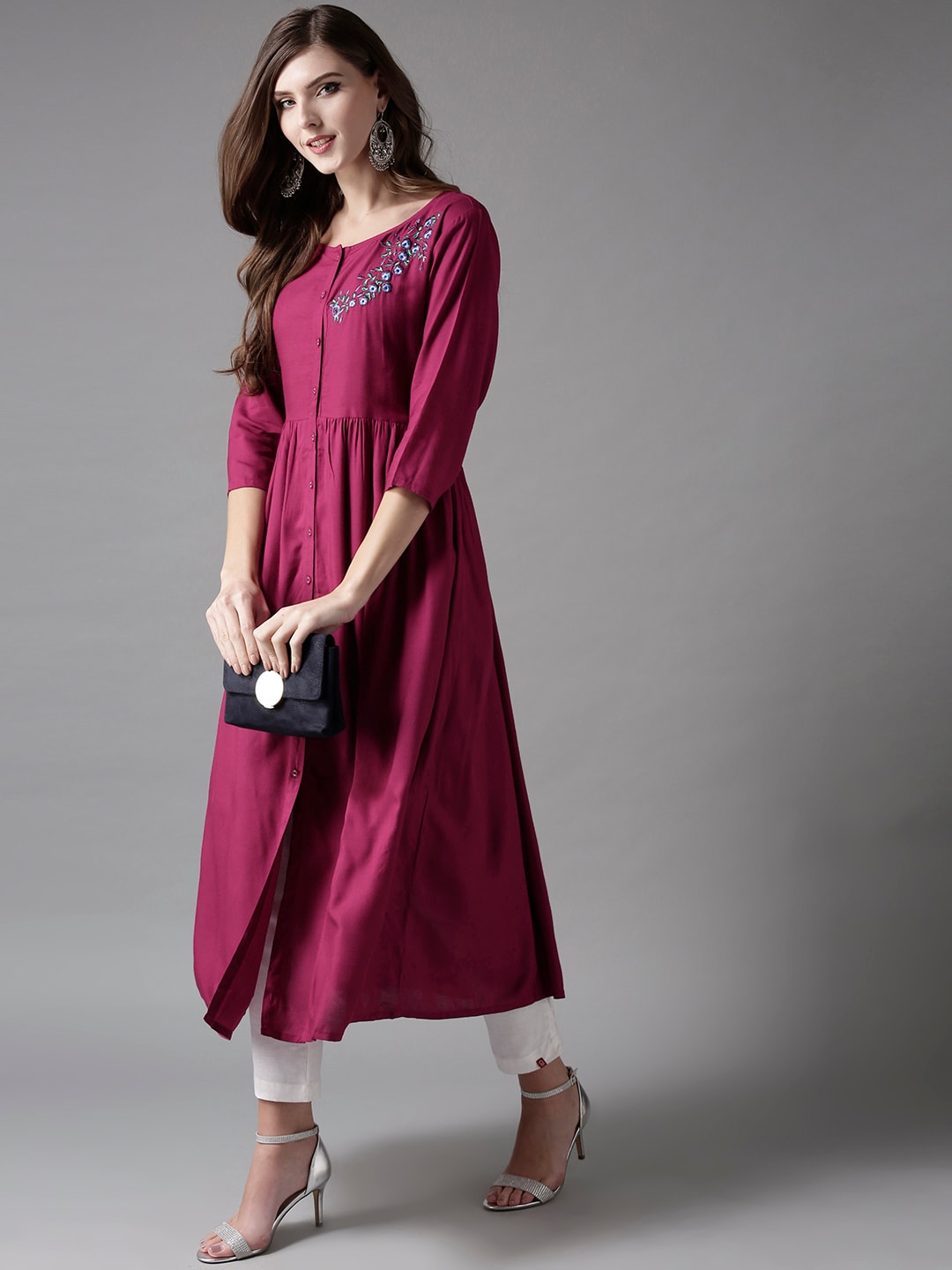 HERE&NOW Embroidered Wine Viscose Kurta - Distacart