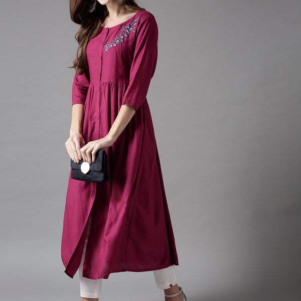 HERE&NOW Embroidered Wine Viscose Kurta - Distacart
