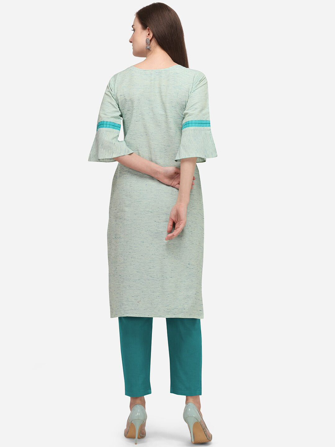 Kalini Women Sea Green & Red Floral Embroidered Bell Sleeves Mirror Work Cotton Kurta - Distacart