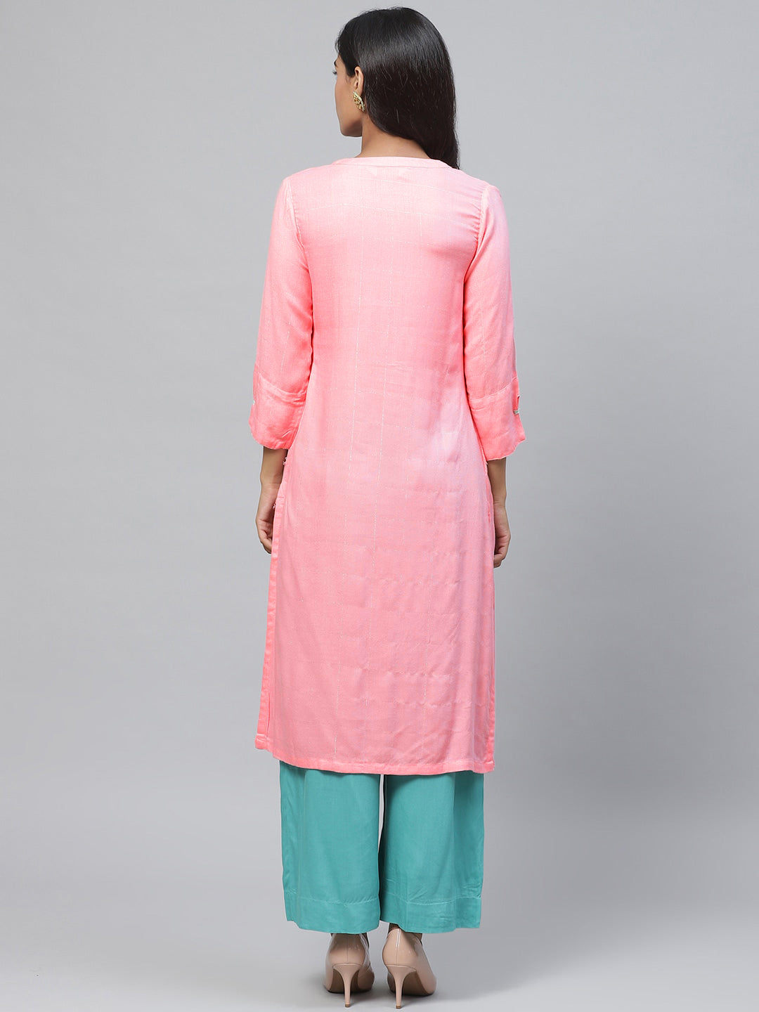 Biba Women Pink & Silver Checked Straight Kurta - Distacart