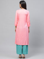 Thumbnail for Biba Women Pink & Silver Checked Straight Kurta - Distacart