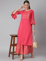 Thumbnail for Khushal K Women Pink Ethnic Motifs Yoke Design Regular Kurta with Palazzos - Distacart