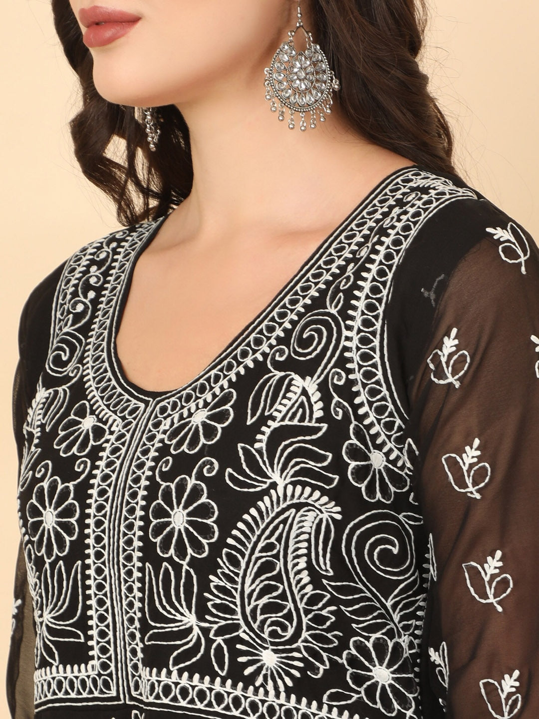 HERE&NOW Women Chikankari Embroidered Thread Work Georgette Anarkali Kurta - Distacart