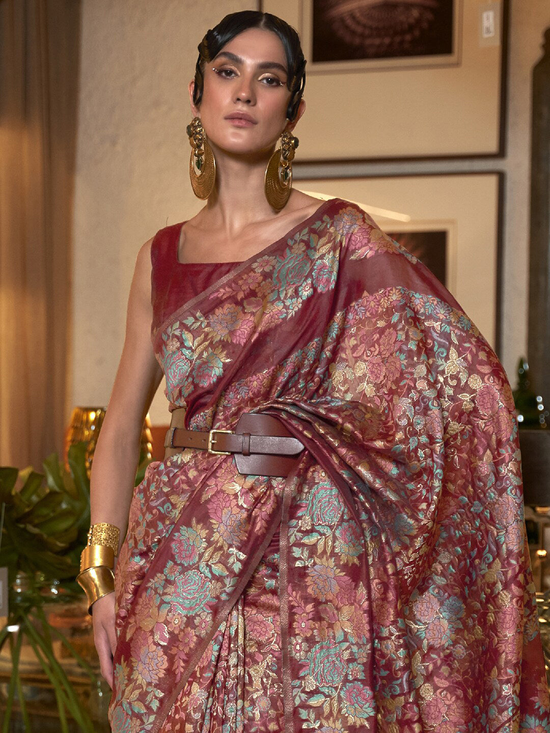 Mitera Maroon & Blue Floral Zari Banarasi Saree - Distacart