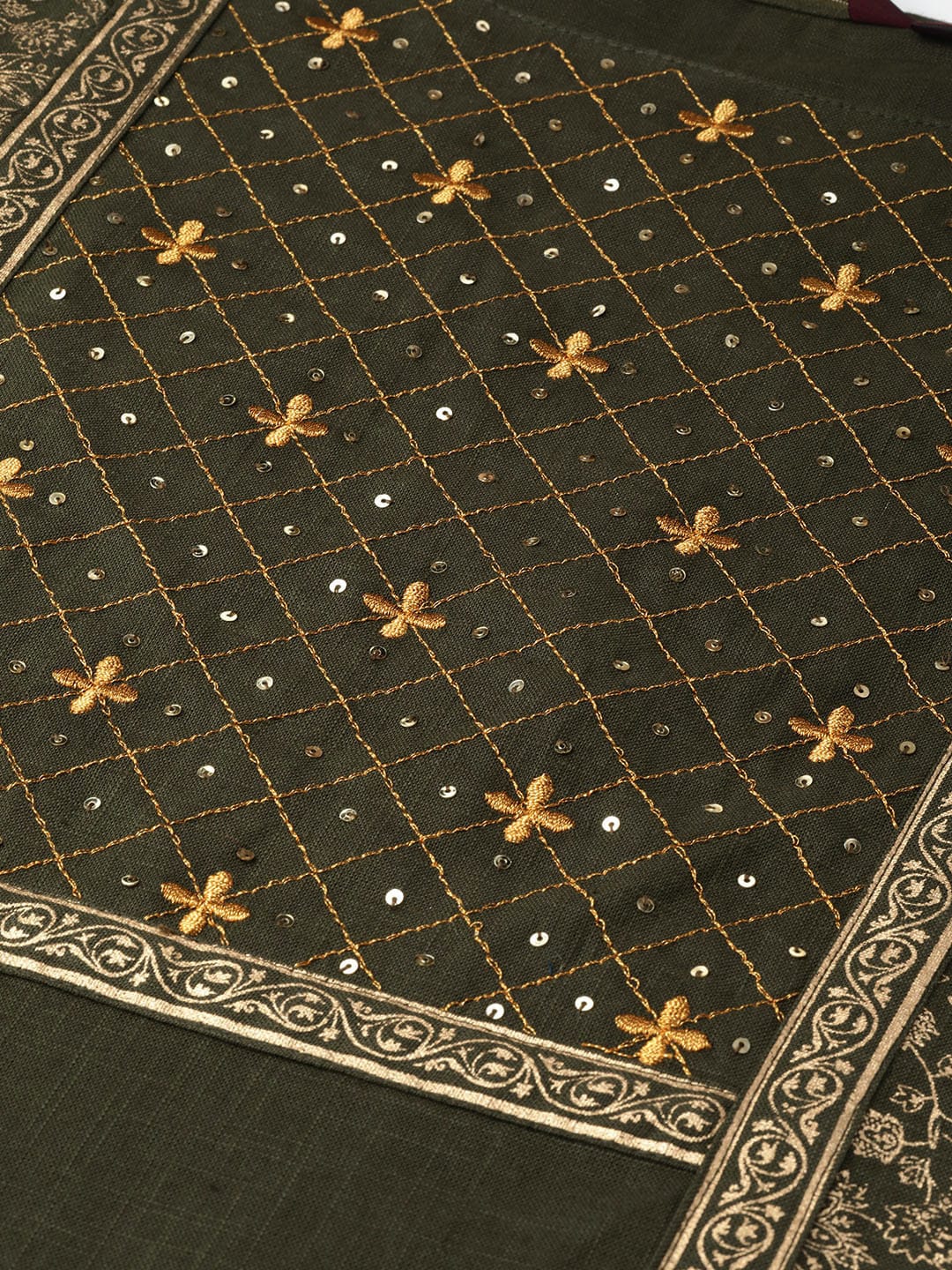 Sangria Women Olive Green & Golden Printed Kurta with Palazzos & Dupatta - Distacart