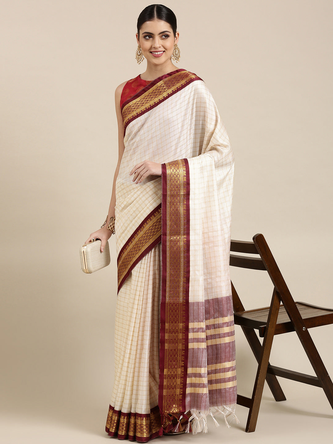 Kalini White & Maroon Checked Zari Silk Cotton Saree - Distacart