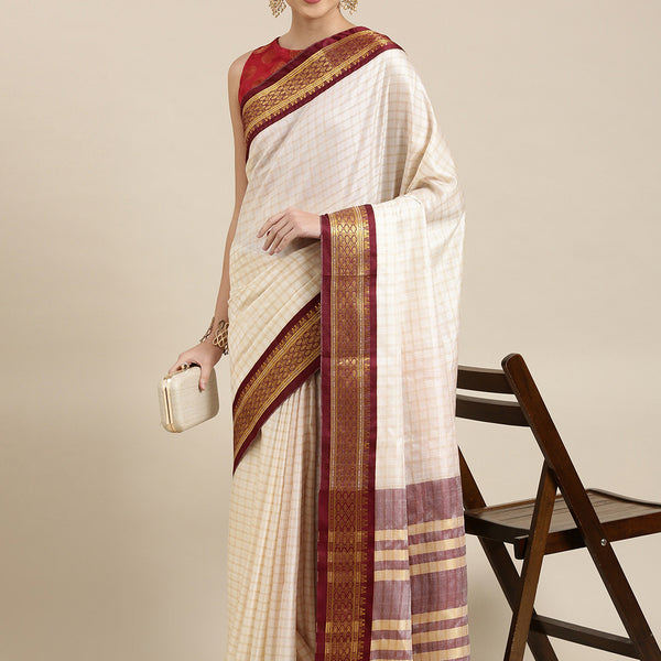 Kalini White & Maroon Checked Zari Silk Cotton Saree - Distacart