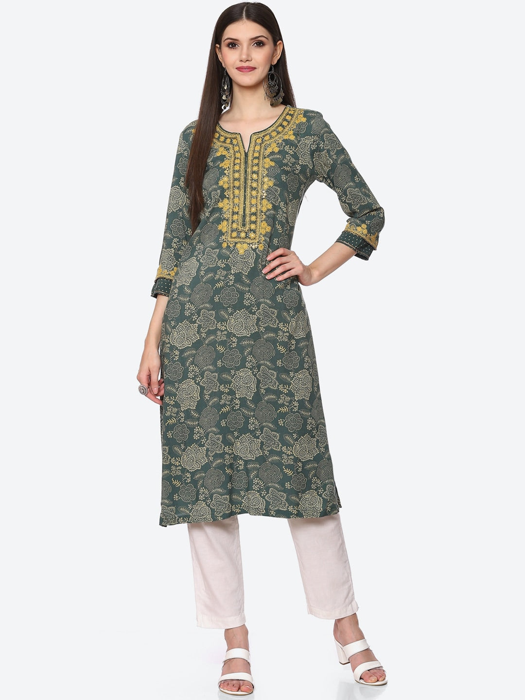 Biba Women Green Floral Embroidered Kurta - Distacart