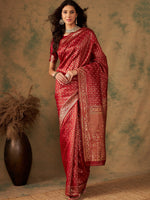 Thumbnail for Sangria Red & Gold Toned Ethnic Motifs Woven Design Zari Banarasi Saree - Distacart
