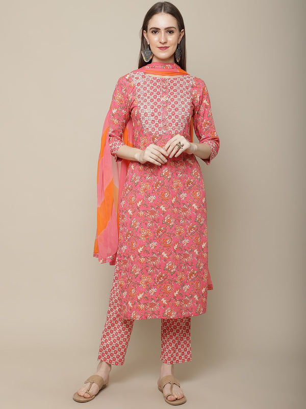 Sangria Women Pink Floral Printed Pure Cotton Kurta with Trouser & Dupatta - Distacart