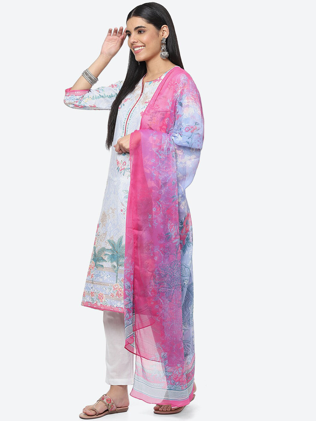 Biba Women Floral Printed Kurta With Trousers & Dupatta - Distacart
