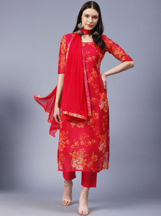 Kalini Floral Printed Straight Kurta with Trousers & Dupatta - Distacart