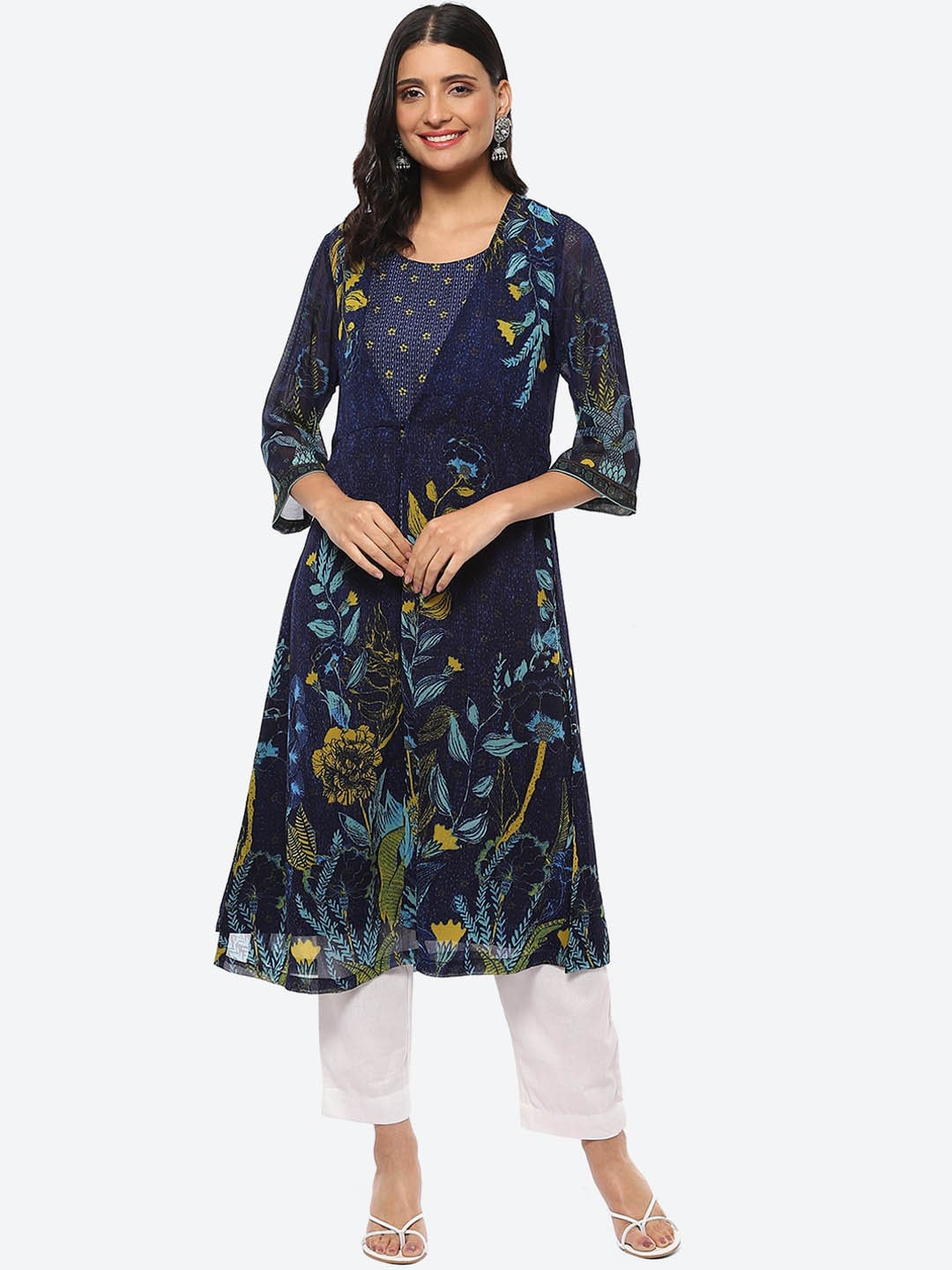 Biba Women Floral Printed Thread Work A-Line Kurta - Distacart