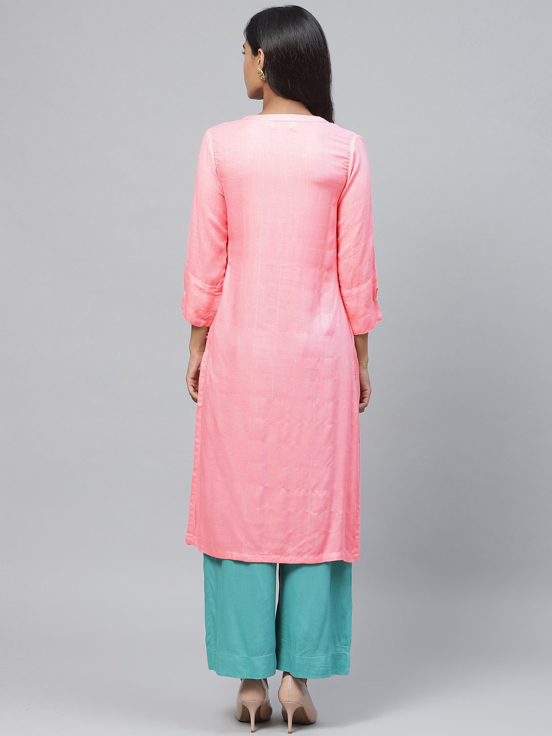 Biba Women Pink & Silver Checked Straight Kurta - Distacart
