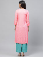 Thumbnail for Biba Women Pink & Silver Checked Straight Kurta - Distacart