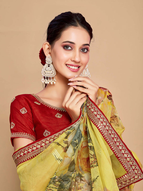 Sangria Floral Printed Embroidered Organza Saree - Distacart