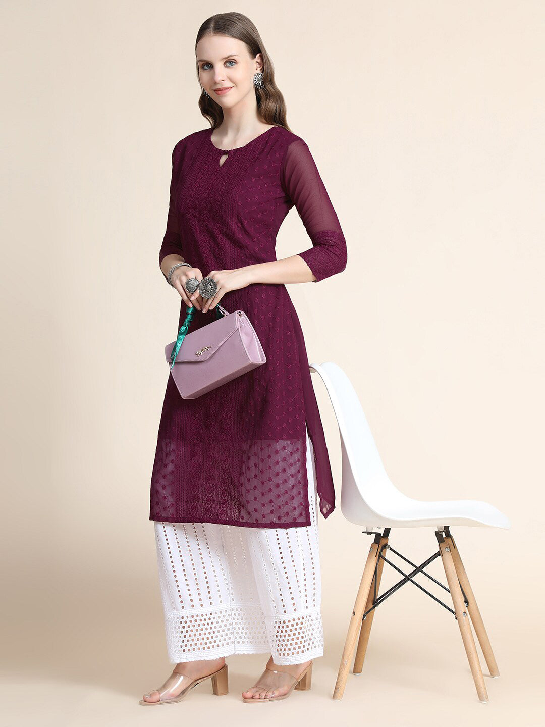 Kalini Women Burgundy Ethnic Motifs Chikankari Kurta - Distacart