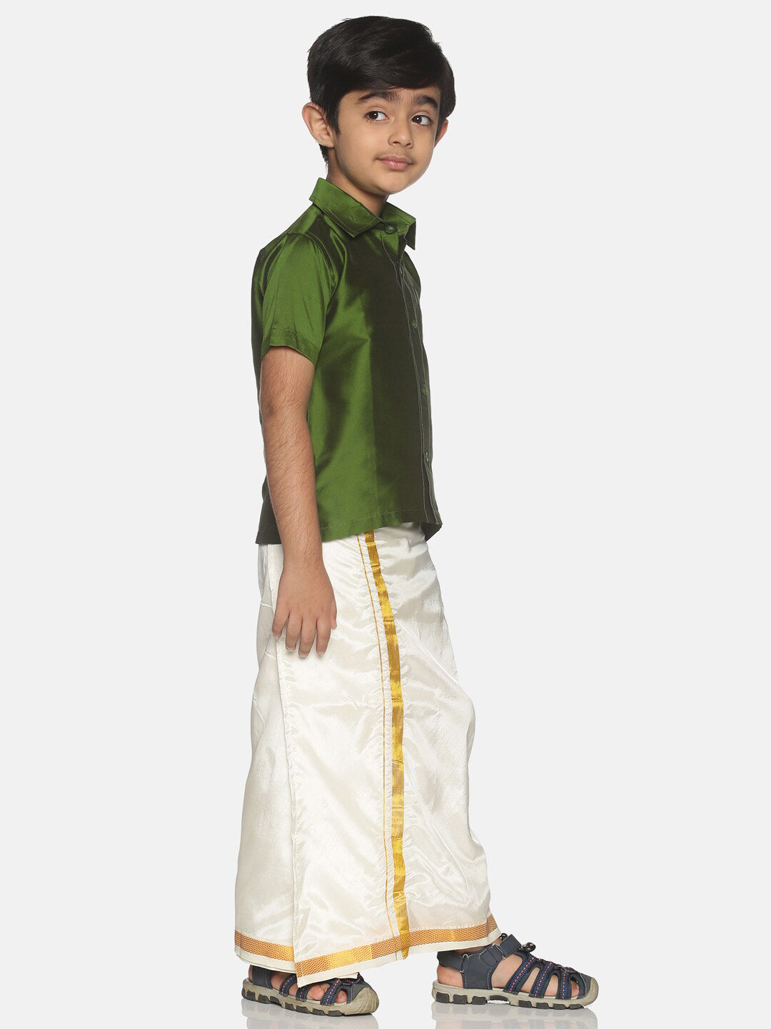 Sethukrishna Olive Green & White Solid Shirt and Veshti Set For Boys - Distacart