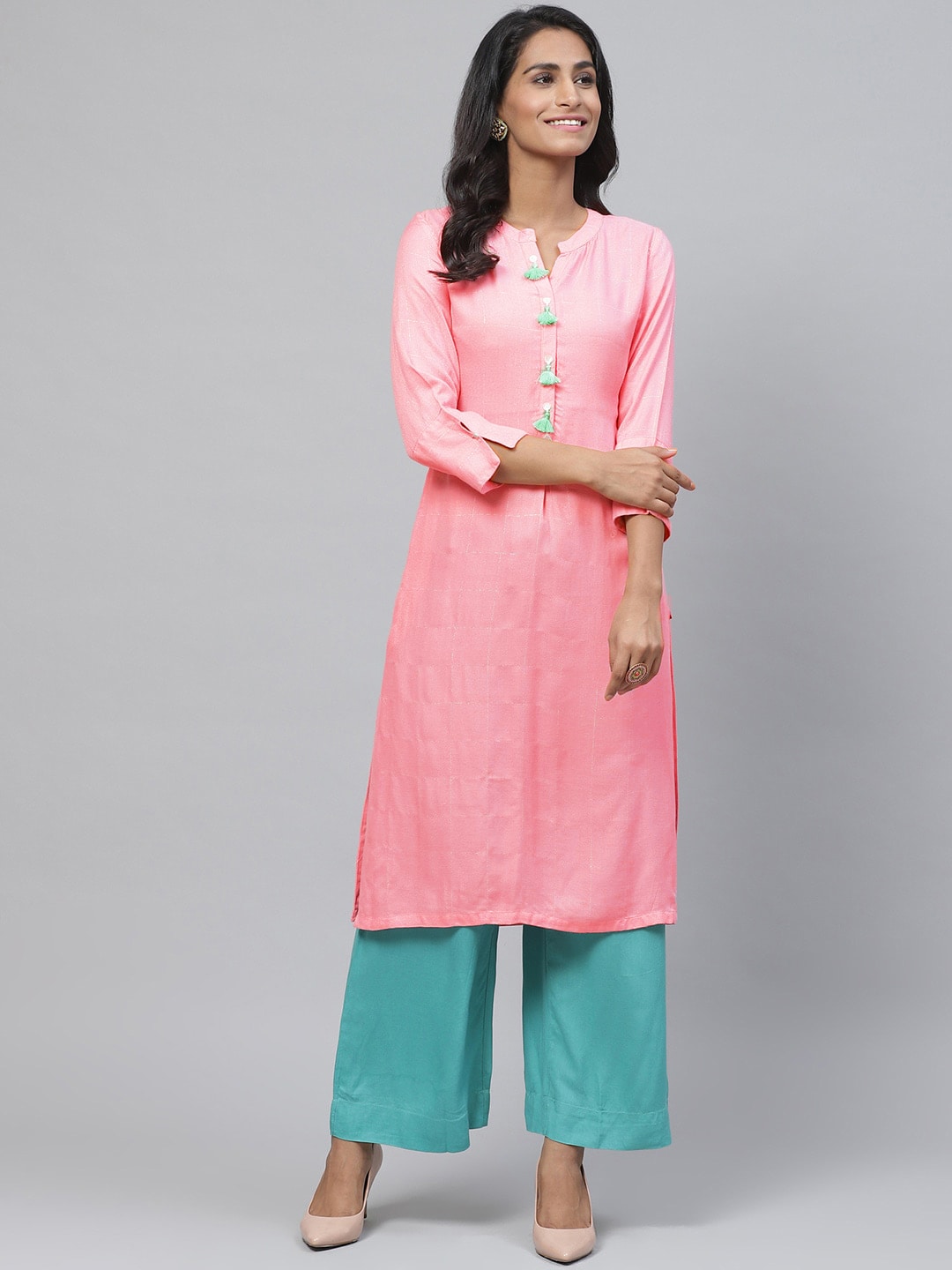 Biba Women Pink & Silver Checked Straight Kurta - Distacart