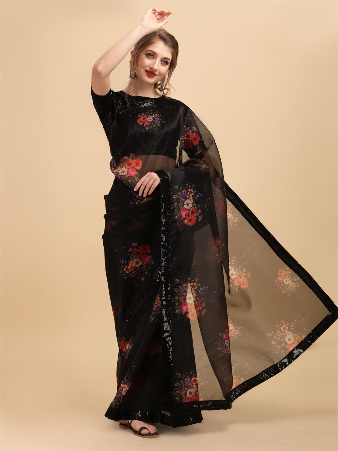 Sangria Black & Coral Floral Sequinned Organza Celebrity Saree - Distacart