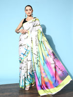 Thumbnail for Tikhi Imli Off White & Green Abstract Print Satin Saree - Distacart