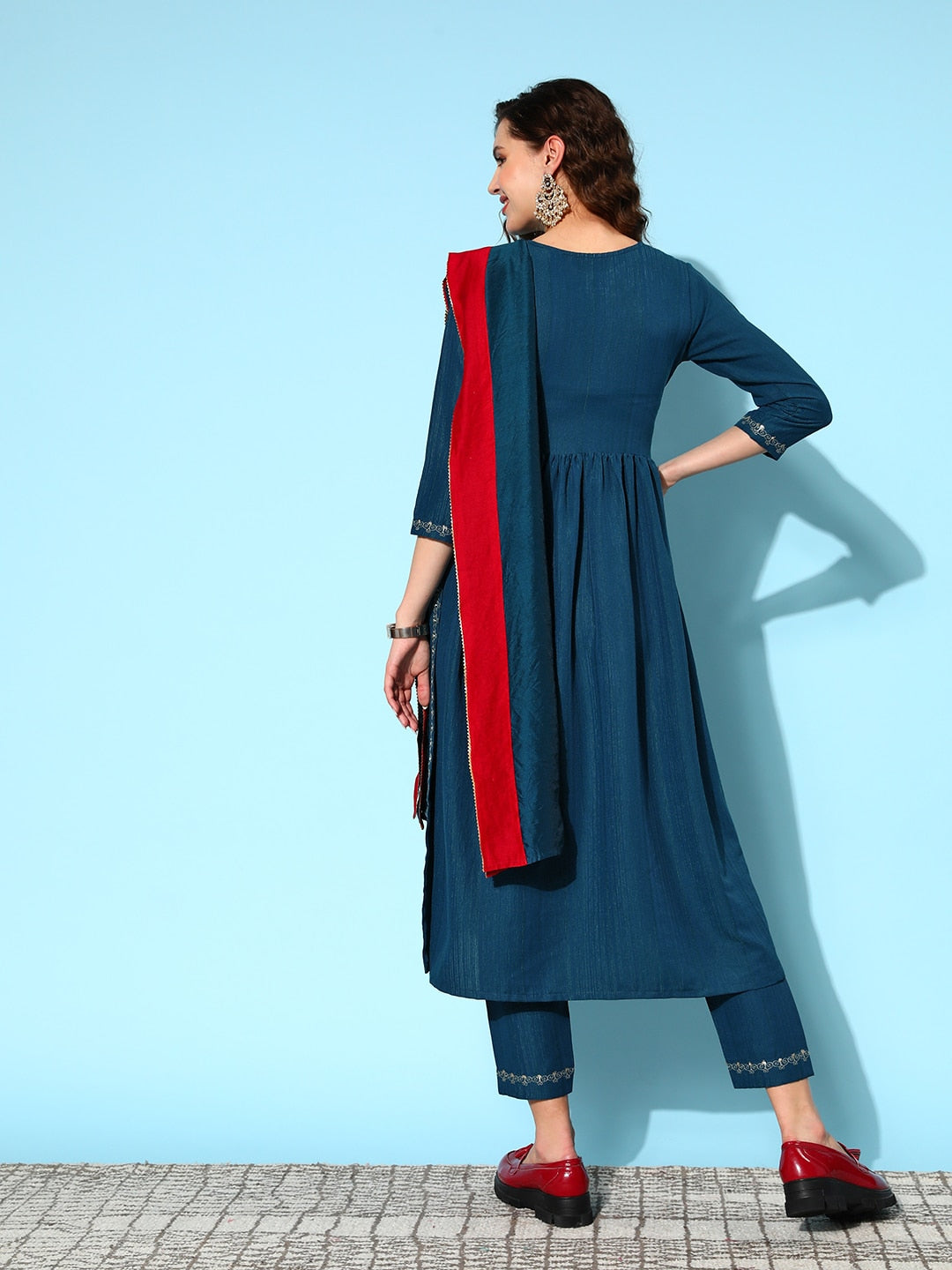 Sangria Ethnic Motifs Yoke Design Pleated Sequinned Kurta with Trousers & Dupatta - Distacart